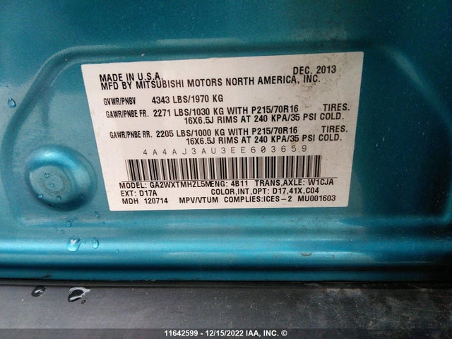4A4AJ3AU3EE603659 Mitsubishi RVR SE