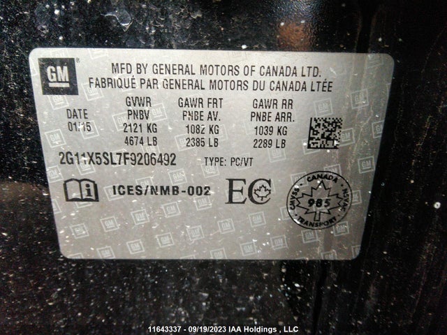Chevrolet IMPALA LS 2015 2G11X5SL7F9206492 Image 9