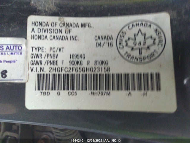 Honda Civic Lx 2016 2HGFC2F65GH023158 Image 10