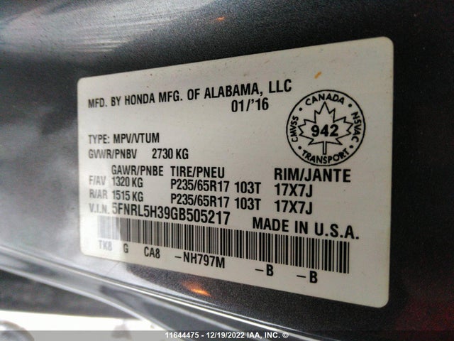 Honda ODYSSEY SE 2016 5FNRL5H39GB505217 Image 10