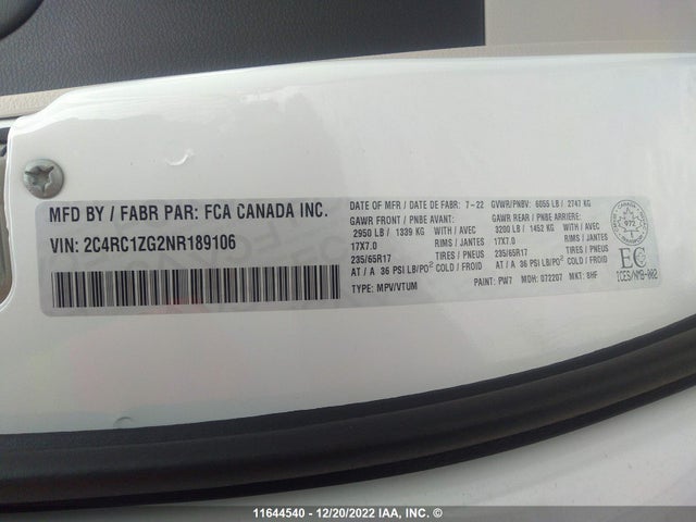 2C4RC1ZG2NR189106 Chrysler Grand Caravan Sxt