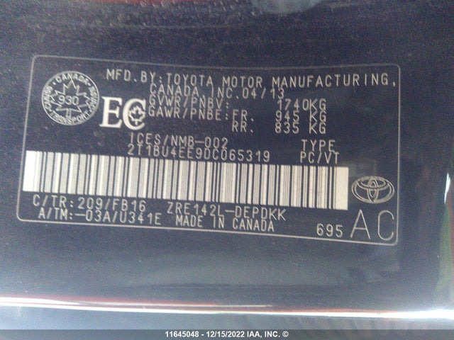 Toyota Corolla S/le 2013 2T1BU4EE9DC065319 Image 9