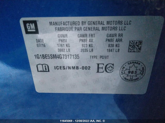 Chevrolet CRUZE LT 2016 1G1BE5SM4G7317135 Image 9