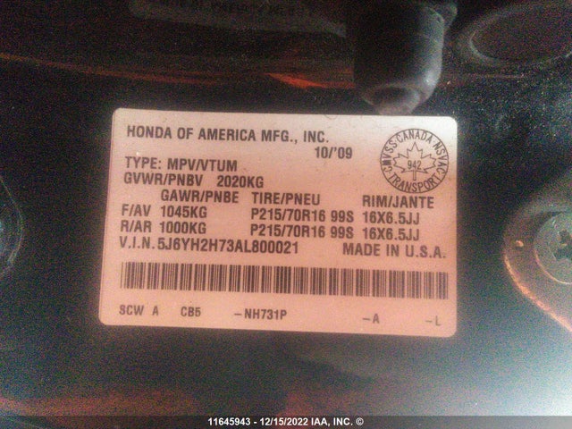 Honda ELEMENT EX 2010 5J6YH2H73AL800021 Image 10