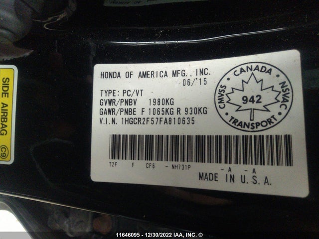 Honda ACCORD 2015 1HGCR2F57FA810635 Image 9