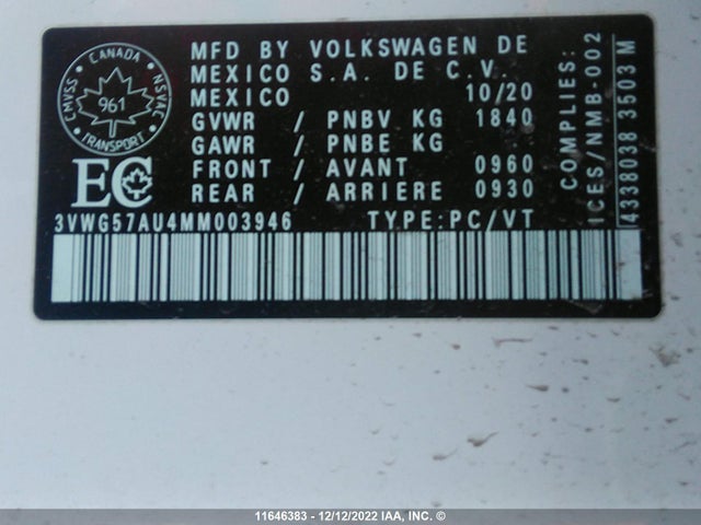Volkswagen Golf 2021 3VWG57AU4MM003946 Image 10