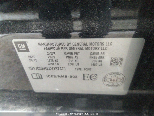 Chevrolet SONIC LT 2012 1G1JC6EH2C4187471 Image 11
