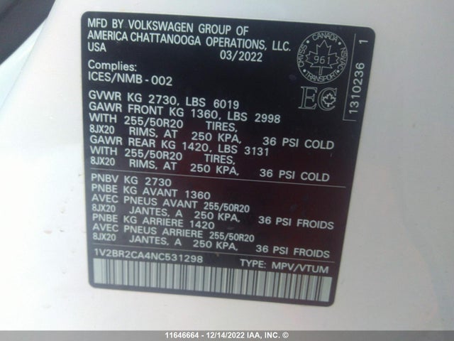 1V2BR2CA4NC531298 Volkswagen ATLAS SEL