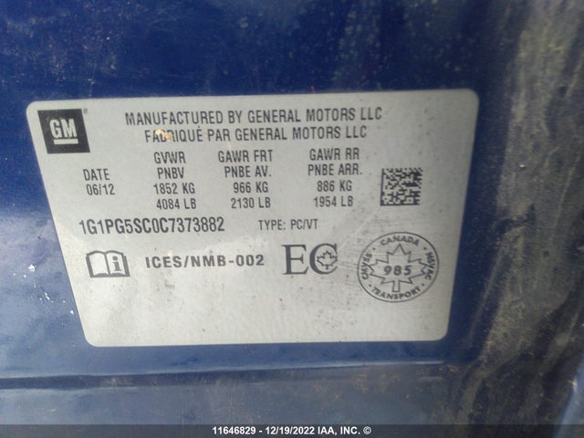 Chevrolet Cruze 2012 1G1PG5SC0C7373882 Image 10
