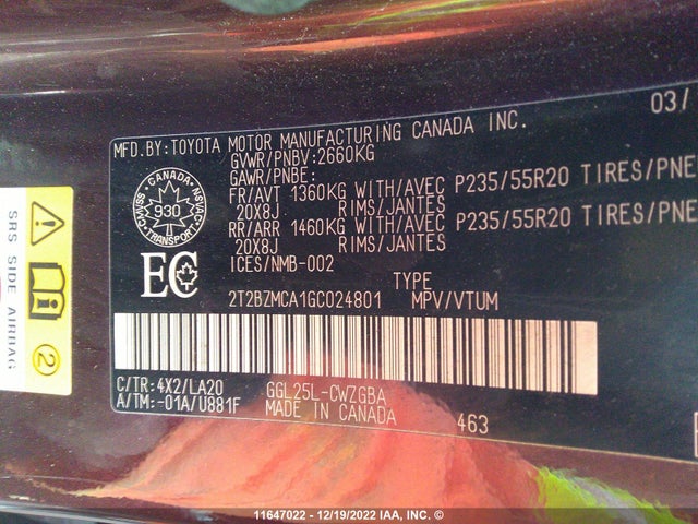 2T2BZMCA1GC024801 Lexus Rx 350/base/f Sport
