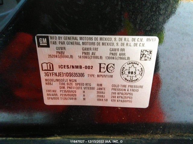 3GYFNJE31DS635306 Cadillac Srx Premium Collection