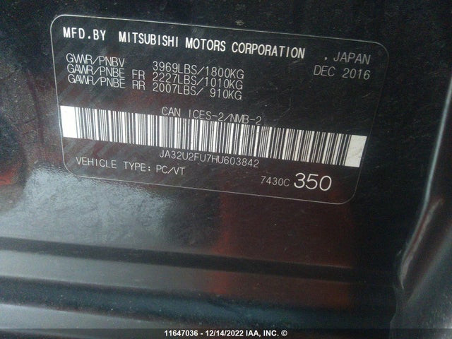JA32U2FU7HU603842 Mitsubishi LANCER ES