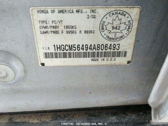 Honda ACCORD LX 2004 1HGCM56494A806493 Image 10