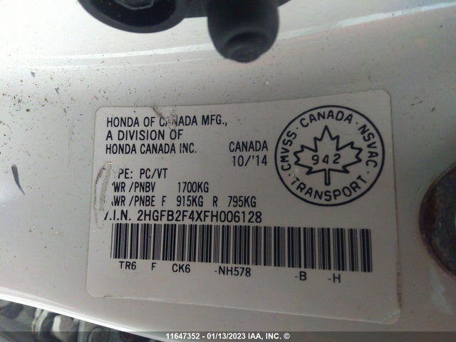 Honda Civic 2015 2HGFB2F4XFH006128 Image 9