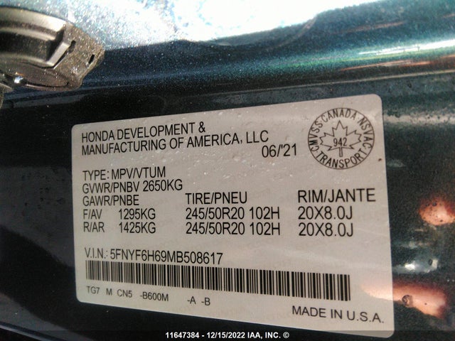 Honda Pilot Touring 2021 5FNYF6H69MB508617 Image 10