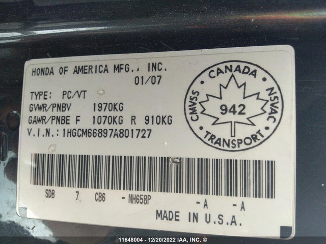 Honda ACCORD EX 2007 1HGCM66897A801727 Image 10