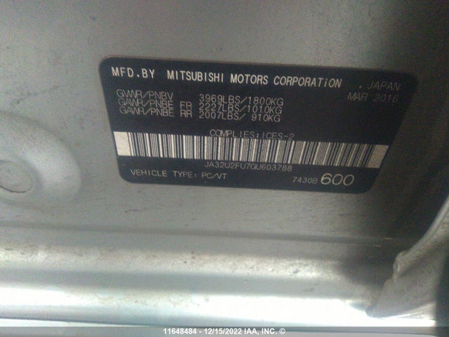 Aukcja sprzedaży 2016 Mitsubishi Lancer Es, vin: JA32U2FU7GU603788, numer aukcji: 11648484