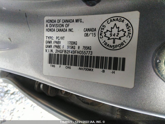 Honda Civic Lx 2015 2HGFB2F49FH055773 Image 9
