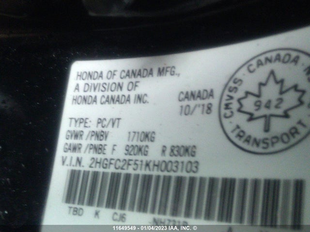 Honda Civic Lx 2019 2HGFC2F51KH003103 Image 11