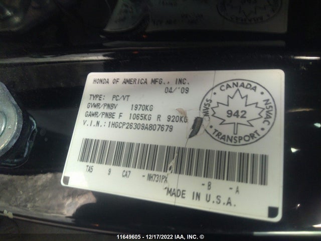 Продаж на аукціоні авто 2009 Honda Accord Lx, vin: 1HGCP26309A807679, номер лоту: 11649605