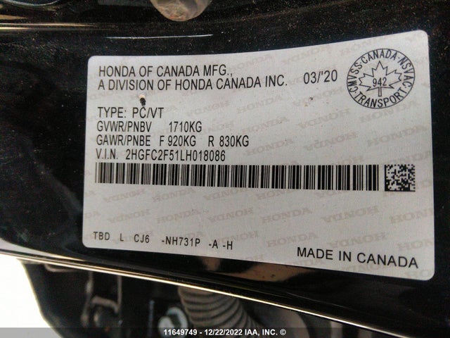 Honda Civic Lx 2020 2HGFC2F51LH018086 Image 9