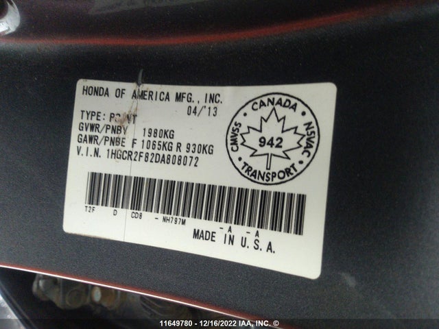 Honda ACCORD EXL 2013 1HGCR2F82DA808072 Image 9