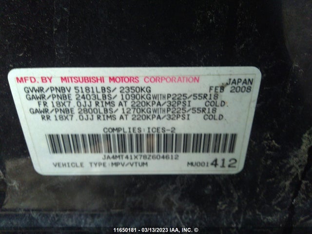 JA4MT41X78Z604612 Mitsubishi Outlander Xls