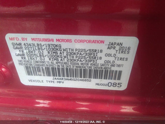 JA4AR3AW6GZ046852 Mitsubishi Outlander Sport Es/se