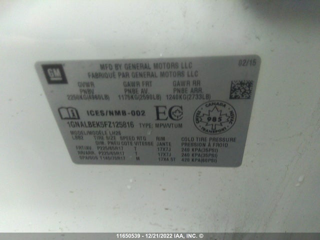 Chevrolet EQUINOX LT 2015 1GNALBEK5FZ125816 Image 9