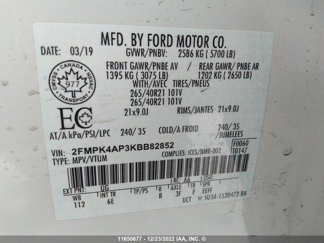 Продаж на аукціоні авто 2019 Ford Edge St, vin: 2FMPK4AP3KBB82852, номер лоту: 11650677