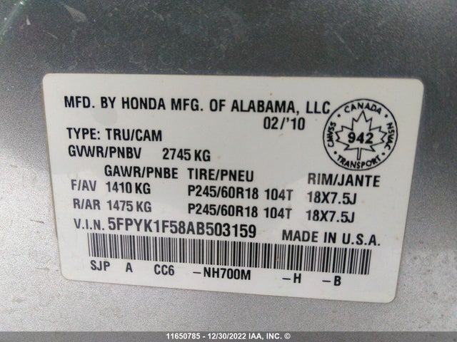 Продаж на аукціоні авто 2010 Honda Ridgeline Rtl, vin: 5FPYK1F58AB503159, номер лоту: 11650785