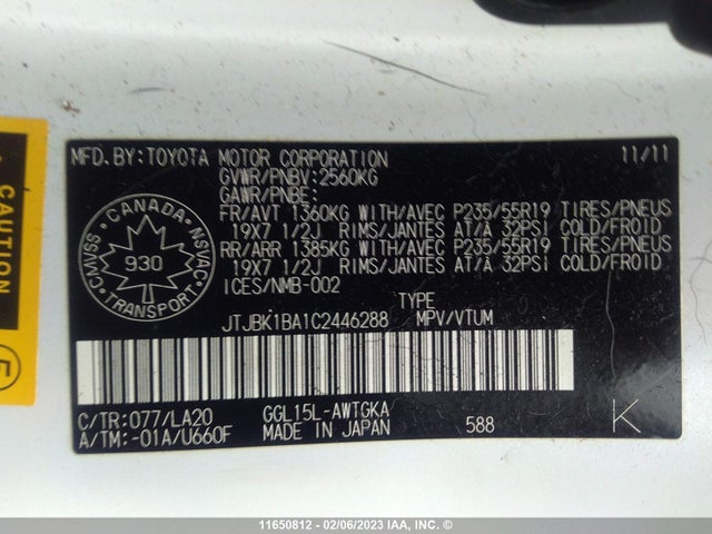 JTJBK1BA1C2446288 Lexus RX 350