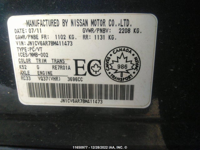 Aukcja sprzedaży 2011 Infiniti G37, vin: JN1CV6AR7BM411473, numer aukcji: 11650977