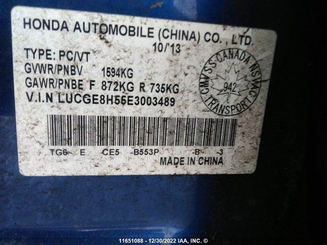11651088 :رقم المزاد ، LUCGE8H55E3003489 vin ، 2014 Honda Fit Lx مزاد بيع