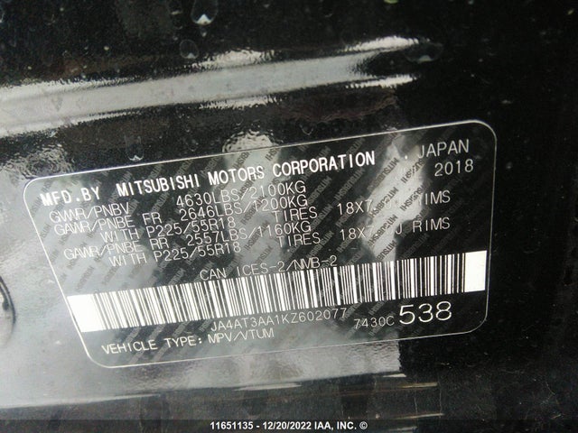 JA4AT3AA1KZ602077 Mitsubishi Eclipse Cross Es