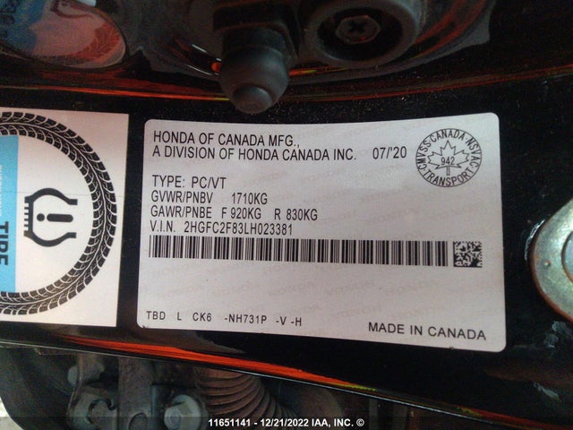 Honda Civic 2020 2HGFC2F83LH023381 Image 9