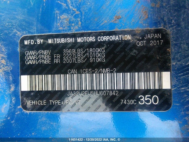 JA32U2FU5HU607842 Mitsubishi LANCER ES