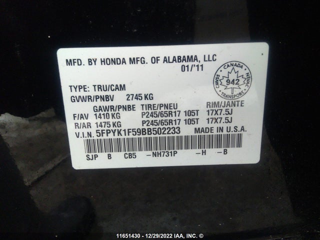 Honda Ridgeline Rtl 2011 5FPYK1F59BB502233 Image 10