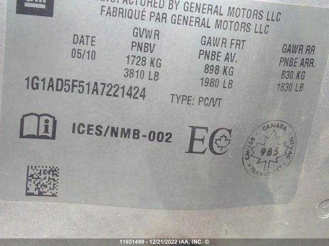 Chevrolet Cobalt 2010 1G1AD5F51A7221424 Image 11