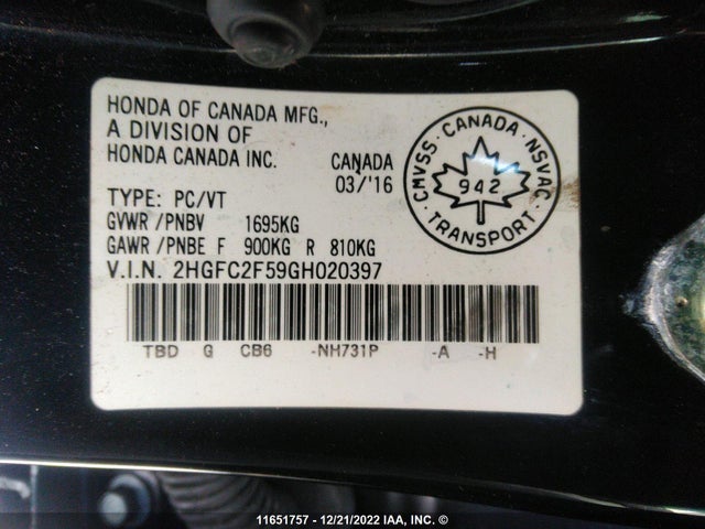 Honda Civic Lx 2016 2HGFC2F59GH020397 Image 10
