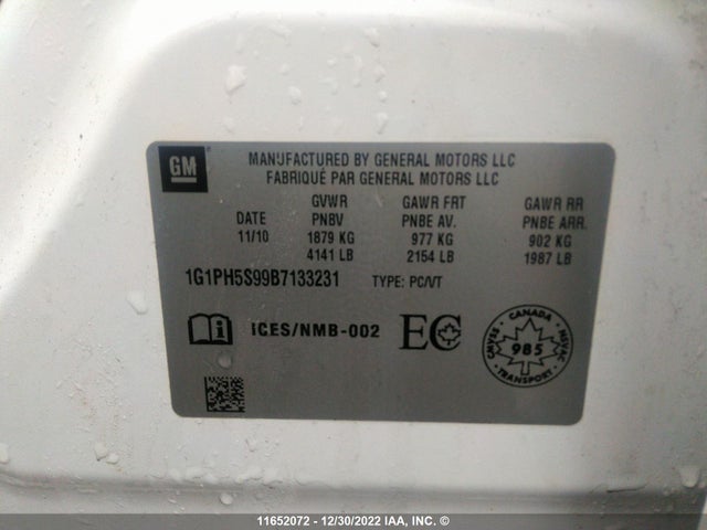 Chevrolet Cruze 2011 1G1PH5S99B7133231 Image 10