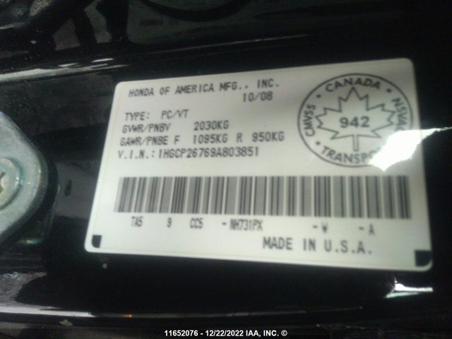 Honda ACCORD EX 2009 1HGCP26769A803851 Image 10
