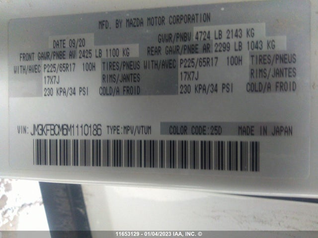 11653129 :رقم المزاد ، JM3KFBCM6M1110186 vin ، 2021 Mazda Cx-5 Touring مزاد بيع