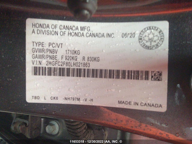 Honda Civic 2020 2HGFC2F80LH021863 Image 9