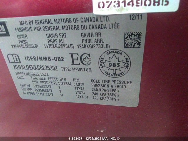 Chevrolet EQUINOX LT 2012 2GNALDEKXC6225302 Image 10