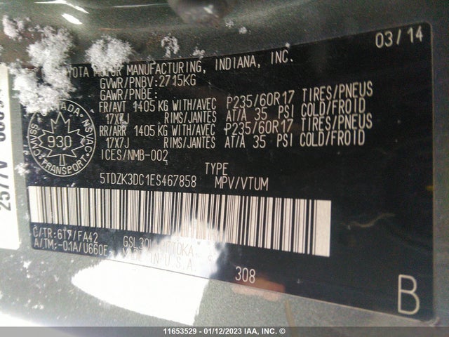 Toyota SIENNA 2014 5TDZK3DC1ES467858 Image 9
