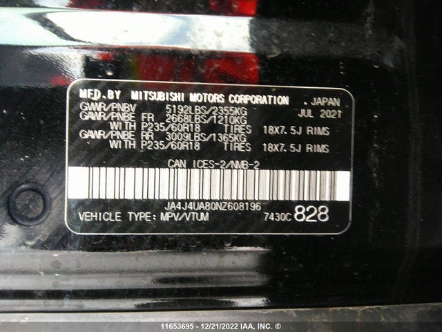 JA4J4UA80NZ608196 Mitsubishi Outlander Se/black Edition