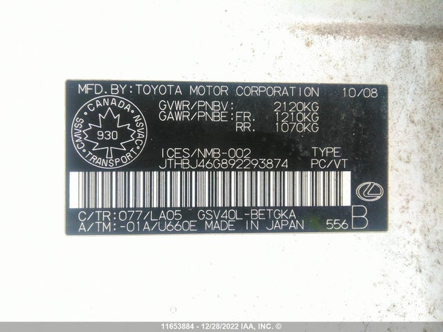JTHBJ46G892293874 Lexus ES 350