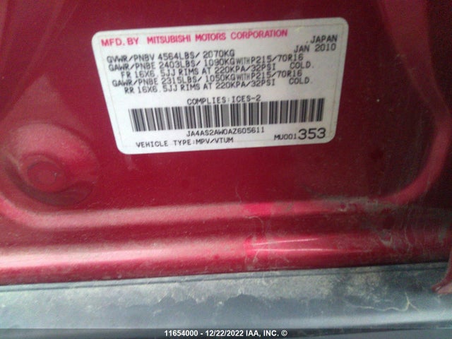 JA4AS2AW0AZ605611 Mitsubishi Outlander Es