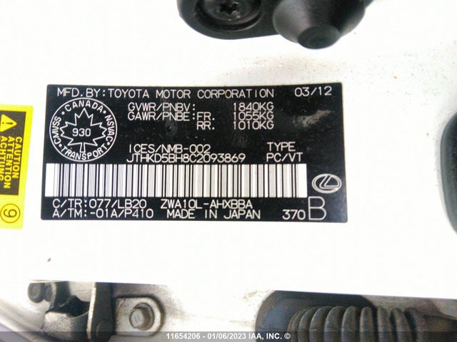 JTHKD5BH8C2093869 Lexus CT 200